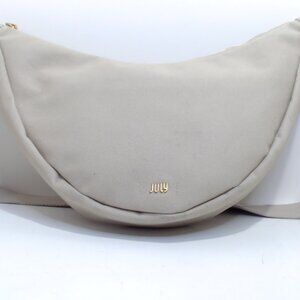 July Beige Canvas Sling Bag, Crescent Shape with Gold Hardware